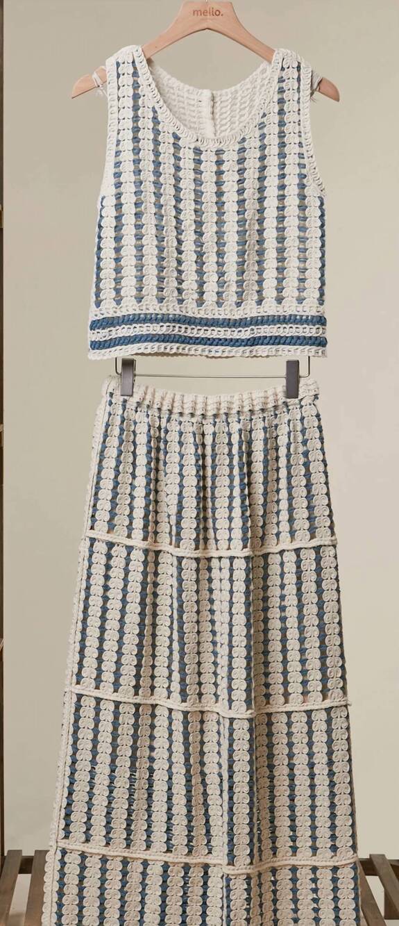 NEW MELLO women's avery boho crochet stripe two piece set in ivory & blue